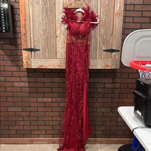 Elegant Red Feathered Gown